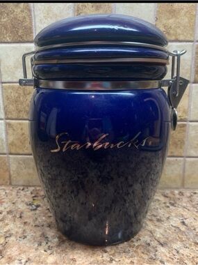 Starbucks Cobalt Blue Ceramic Canister with Silver Script Logo & Hinge Closure.